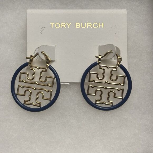Tory Burch Jewelry - Tory Burch Miller Small Wire Hoop Earrings TORY GOLD / ENSIGN BLUE New